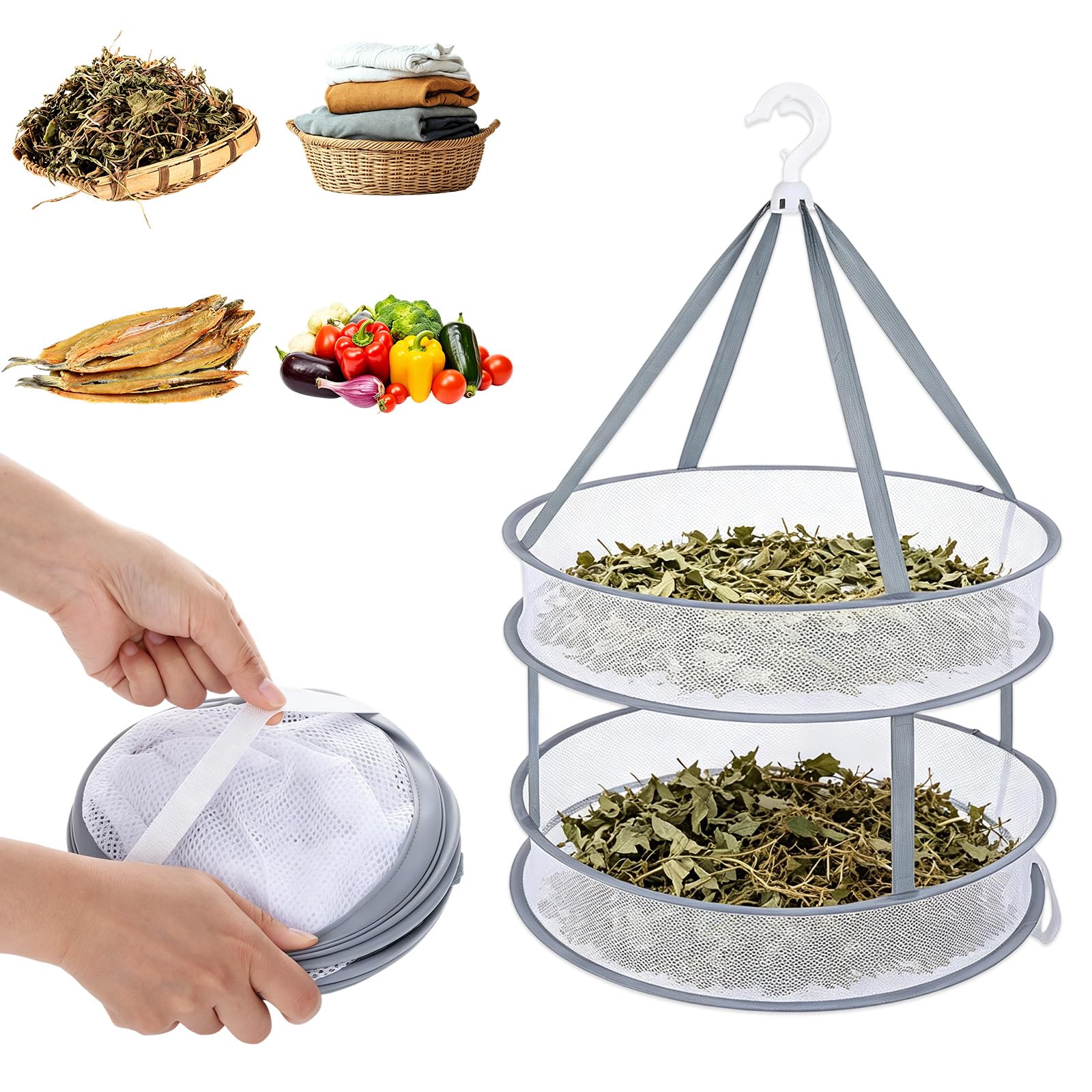 CebraBounze 2 Layer Foldable Hanging Herb Drying Rack with Hook Collapsible Mesh Dryer Net Basket for Buds, Herbs, Fruits, Vegetables, Fish, Clothes, Dolls for Home Outdoor Use (2PCS)