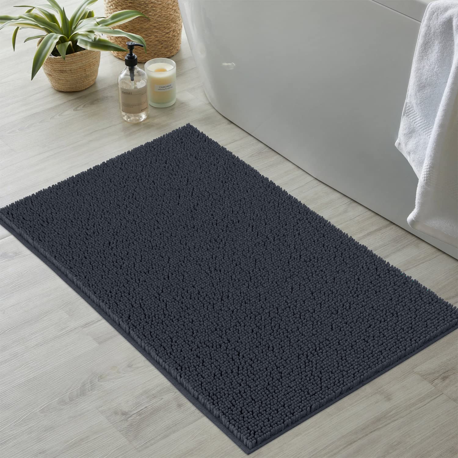 LuxUrux 1” Plush Chenille Bath Rug - Super Soft, Non-Slip, and Highly Absorbent Bathroom Mat, Machine Washable for Easy Care (24 x 39 Inch, Charcoal)