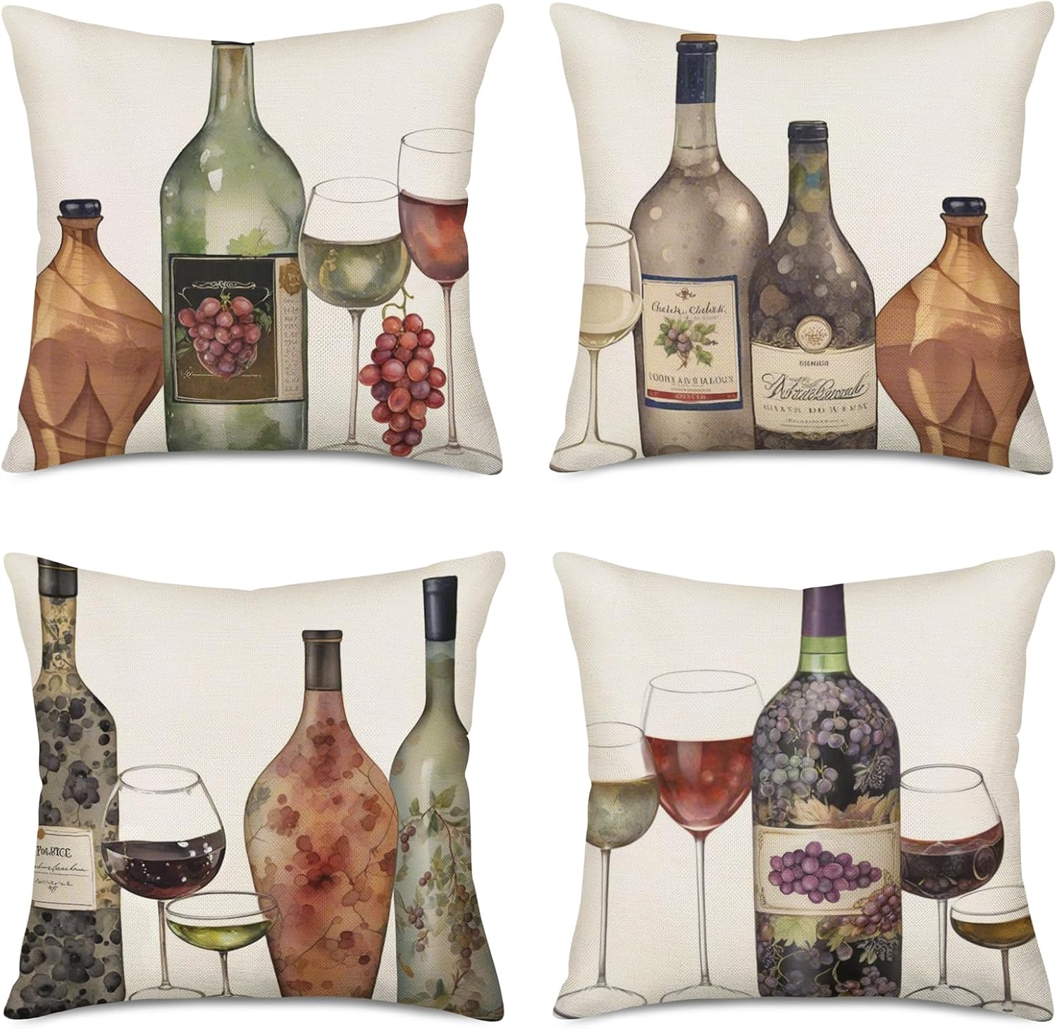 Smilyard Vintage Wine Throw Pillow Covers Cotton Linen Wine Bottle Grapes Decorative Pillows Cover Cushion Cover Set of 4 Pillow Case Home Decor for Sofa Couch 18x18 Inch (Bottle 4PC)