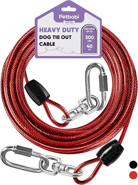 Petbobi Heavy-Duty Dog Tie-Out Cable - 40FT Extra Strong Wire Cable for Large Pets Up to 300Lbs, Rust Proof Dogs Leash with Carabiners and 360° Swivel, Pet Leads for Yard Camping Outside, Red