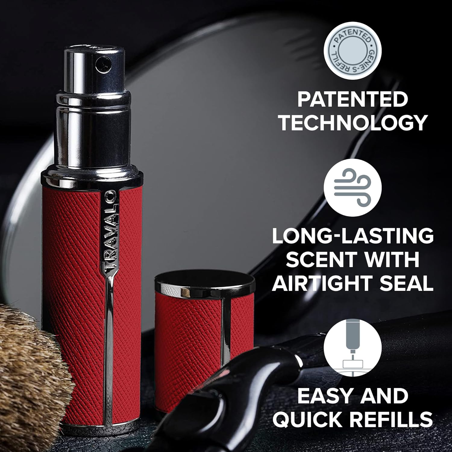 Travalo Milano Perfume Atomizer - Leak-Proof and TSA Approved for Air Travel - Reusable, Airtight, Easy Fill Mini Pump Sprayer - Lightweight, Vegan Leather with Polished Metal Outer Shell - Red