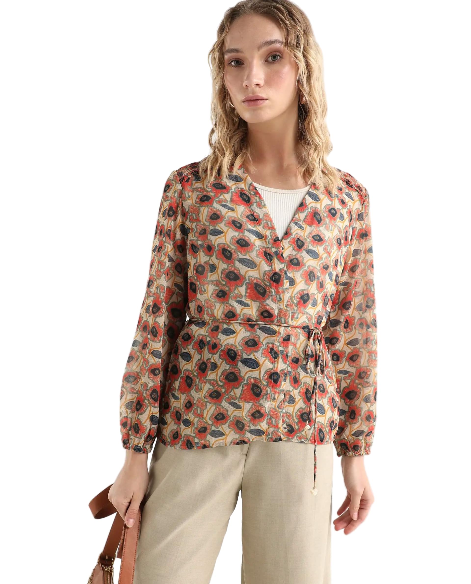 rareism Regular Floral Beige Polyester Long Sleeve V-Neck Shrug-picture-14