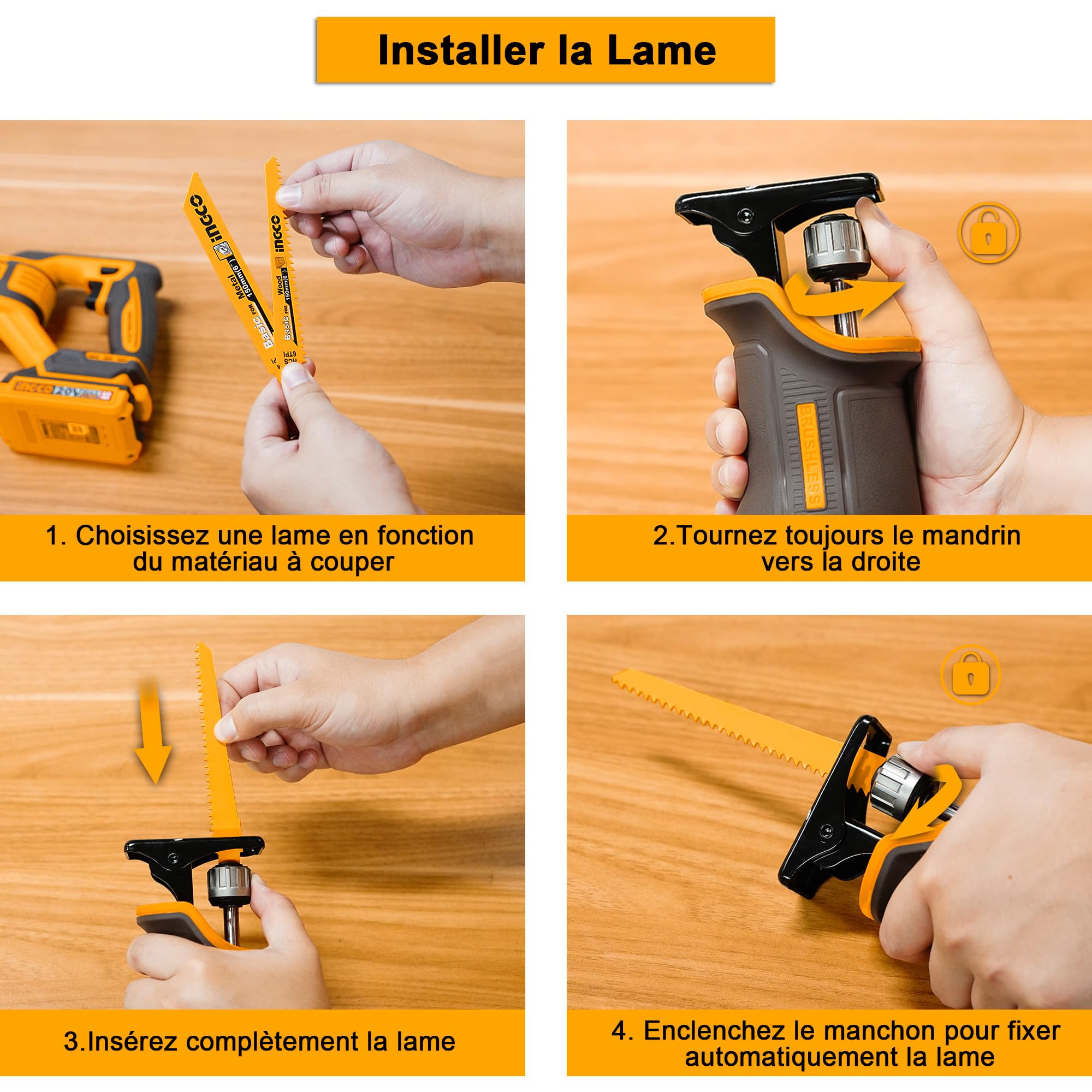 INGCO Scie Sabre Sans Fil 20V (Produit Seul) Moteur Sans Balais, 0-2800 tr/min, Capacités de coupe: 12mm Métal, 210mm Bois, avec 2 Lames de Scie Idéal pour Couper Bois, Métal et PVC CRSLI2108