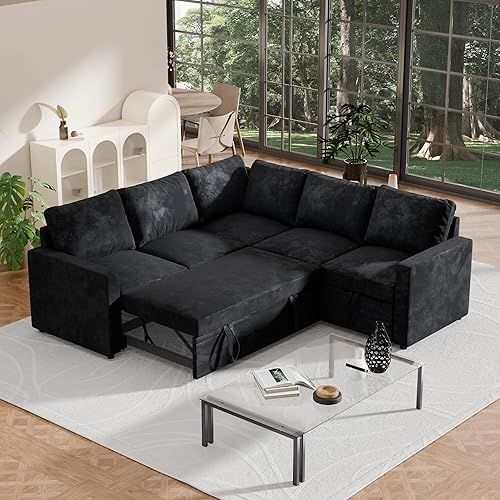 Sleeper Sofa Bed, Modular Sectional Couch with Pull Out Bed, L Shaped Sectional Convertible SofaBed with Storage Seat, for Living Room Apartment Bedroom Office Black Velvet