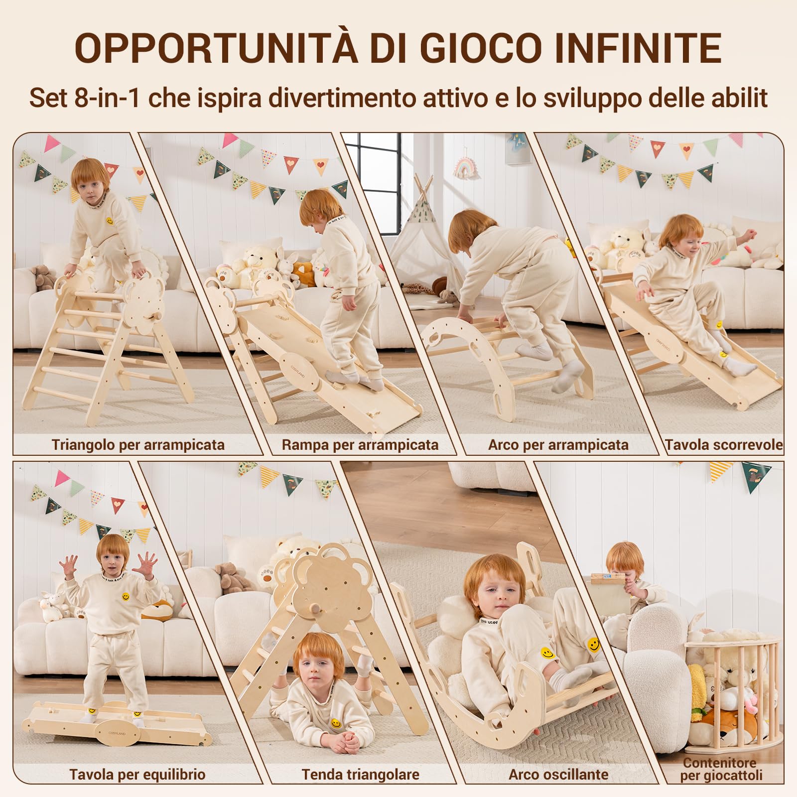 COSYLAND Arrampicata per Bambini 8 in 1 - Triangolo di pikler Regolabile a 3 Livelli con Scivolo, Gioco Treno e Confezione Regalo, Palestra Bambini Pieghevole da Interno, 18M-6Y, Naturale