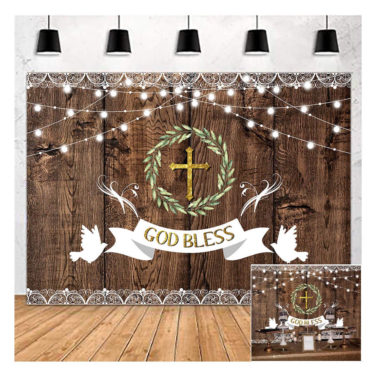 God Bless Baptism Theme Photography Backdrop 7x5ft Vinyl Kids Boy Girl First Holy Communion Party Decor Christening Newborn Baby Shower Rustic Wood Board Glitter Ribbon Photo Background Booth Props