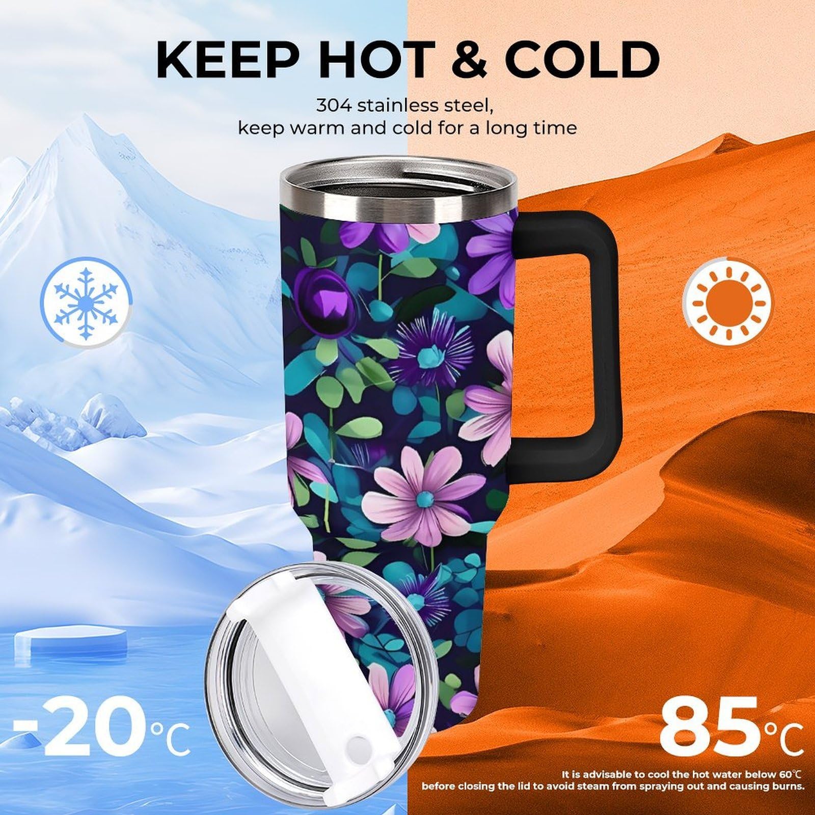 Tazas de camelia morada con popote y asa, taza de café con aislamiento al vacío de doble pared, botellas de agua para café helado, té, bebida caliente y fría