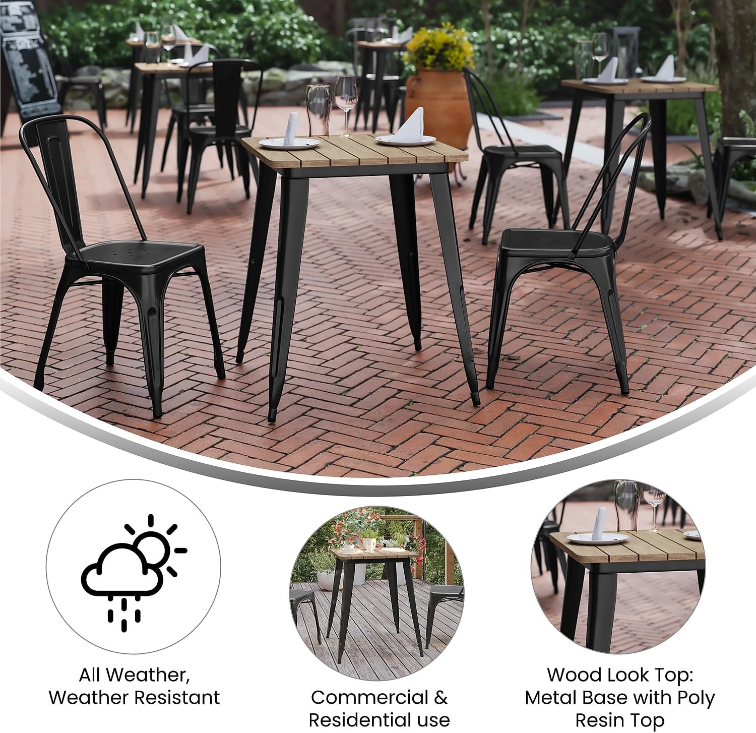 Flash Furniture Declan Commercial Outdoor Dining Table, All Weather Poly Resin Top with Steel Base, 23.75" Square, Brown/Black