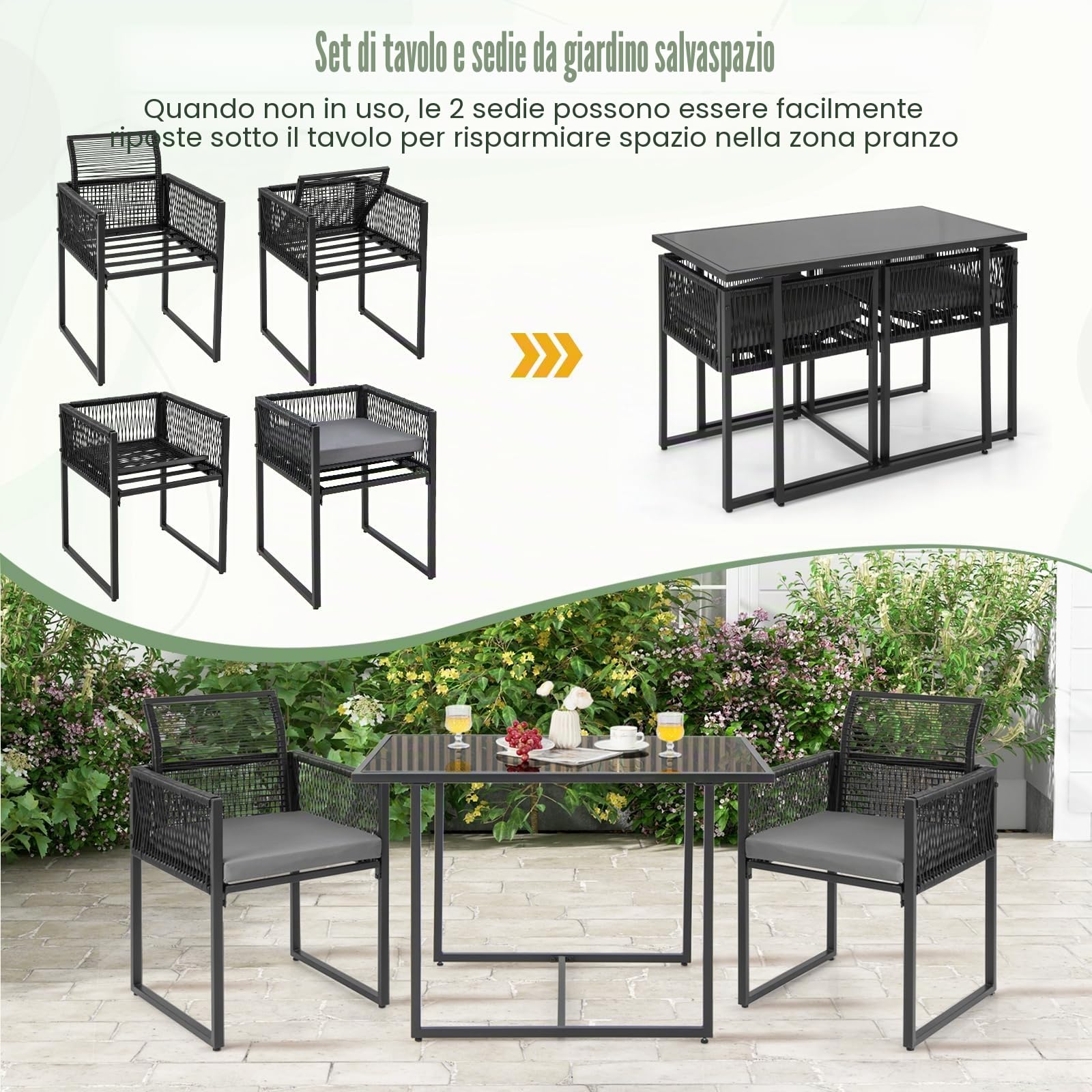 KOMFOTTEU Set di mobili da 3 pezzi, set da tavolo e 2 sedie in rattan PE, set da pranzo con sedie pieghevoli, cuscini estraibili, tavolo in vetro, per giardino, patio, terreza