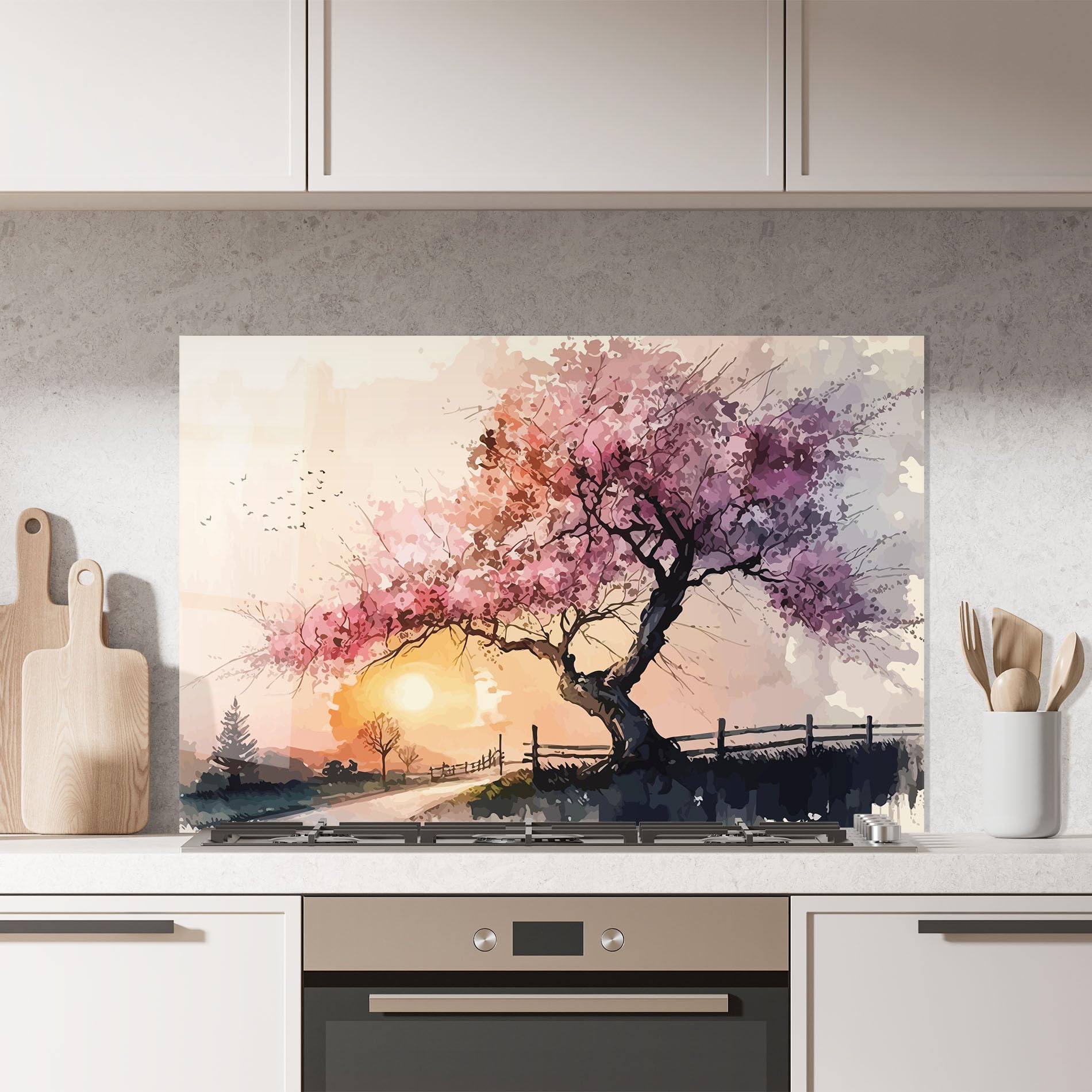 ARTHUB® Crédence de Cuisine en Verre 70x100 cm, Sunset Spring | Protection Contre Les éclaboussures, Revêtement Mural en Carreaux, Plaque en Verre, Verre trempé, Paysages, Printemps