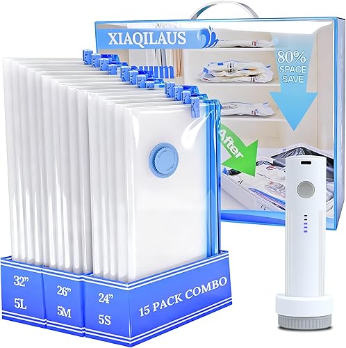 Miniatura 9 de Bolsas de sellado al vacío para ropa de viaje, bolsas de almacenamiento al vacío ahorradoras de espacio con bomba de aire inalámbrica (9 bolsas