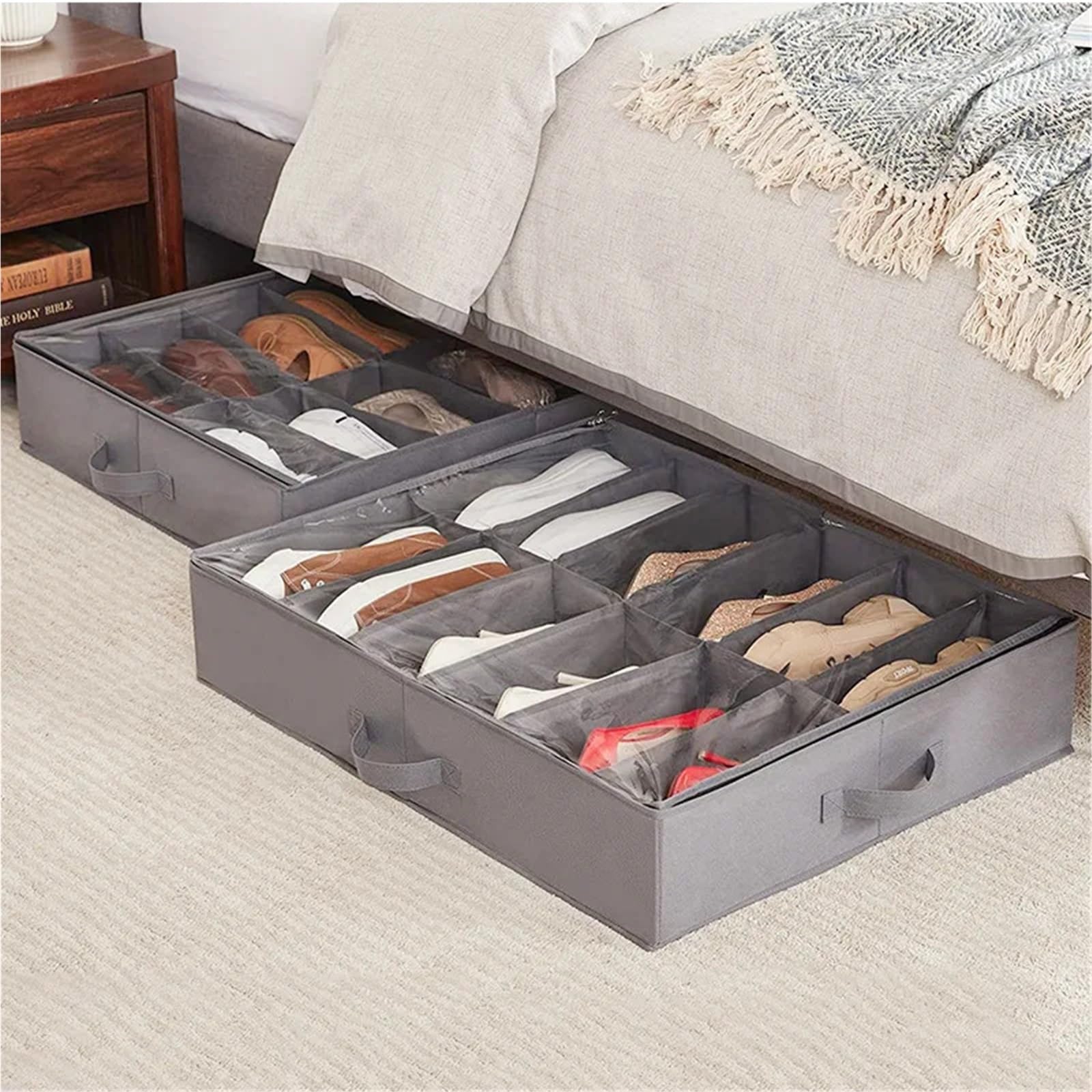 Organizzatore Di Scarpe Sotto Il Letto Scatola portaoggetti sottoletto con 12 griglie, scatola portaoggetti pieghevole trasparente, scatola portascarpe con scomparto in tessuto Per Risparmiare Spazio(
