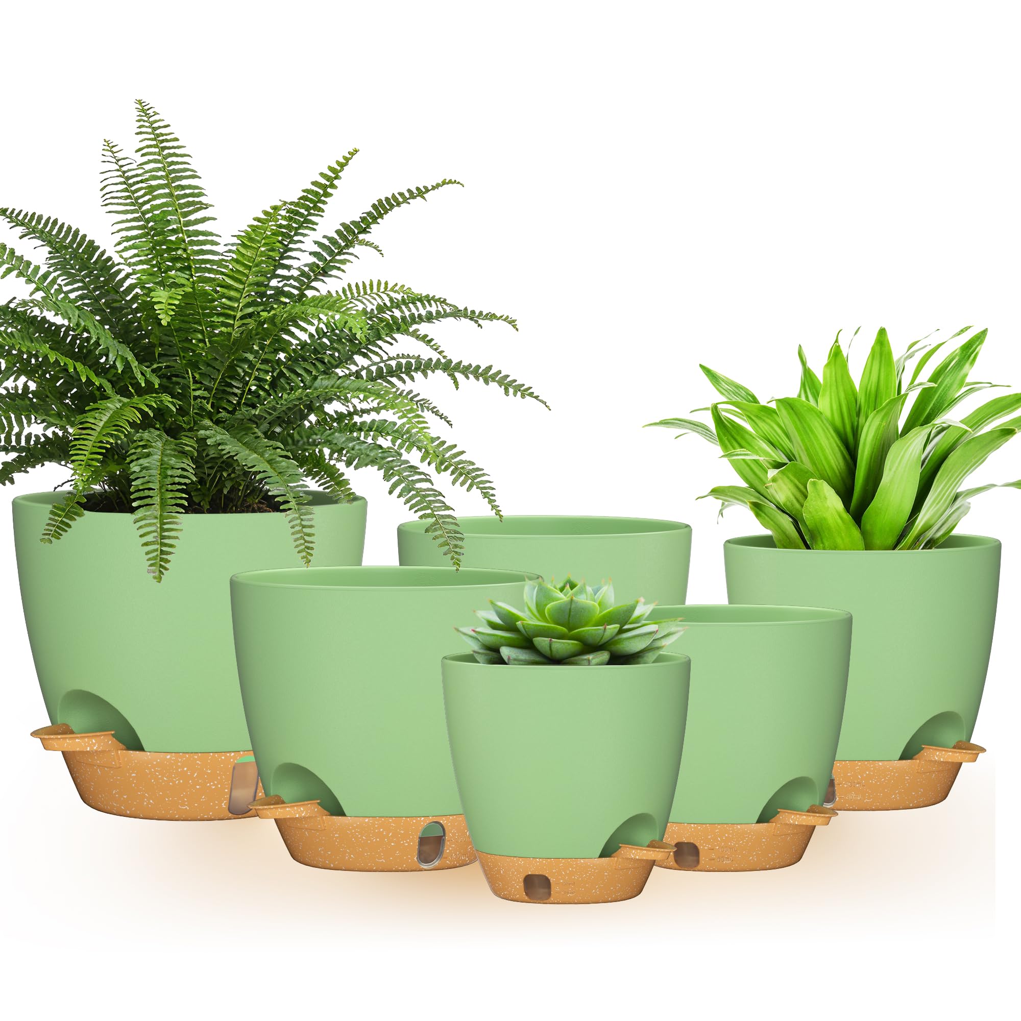 FIASON 6 Pack Self-Watering Plant Pots, 12.5/13.9/15/16.5/17.7/20cm Flower Pots with Drainage Holes Saucers, Modern Planter for Indoor Outdoor Plants, Green