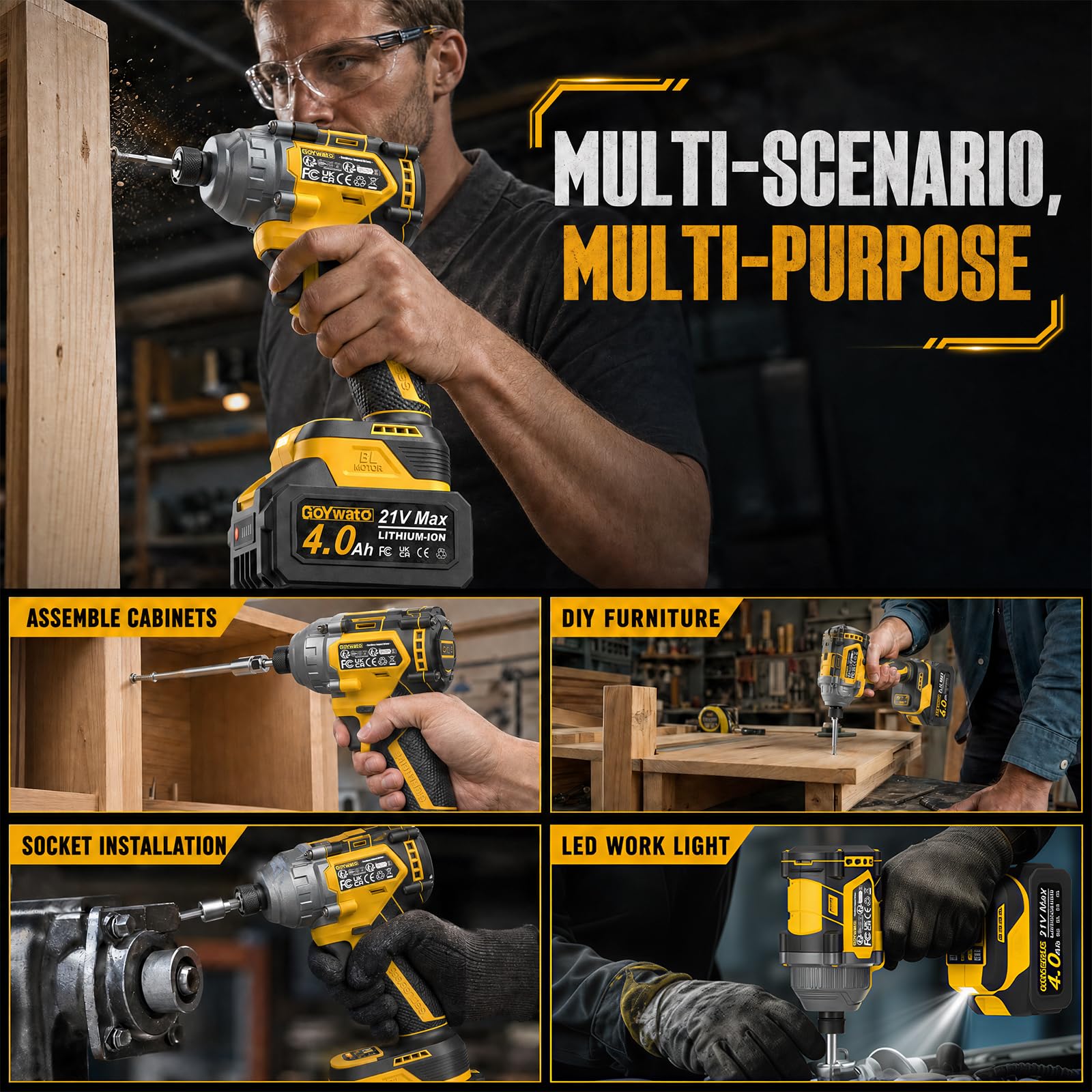 Avvitatore ad Impulsi 290 Nm, 21V Brushless Avvitatore a Impulsi, 1/4" Avvitatore a Percussione con 2 Batteria 4,0 Ah & 10 Punte & 14 Prese per Cacciavite Lavori di Serraggio Delle Viti, Giallo