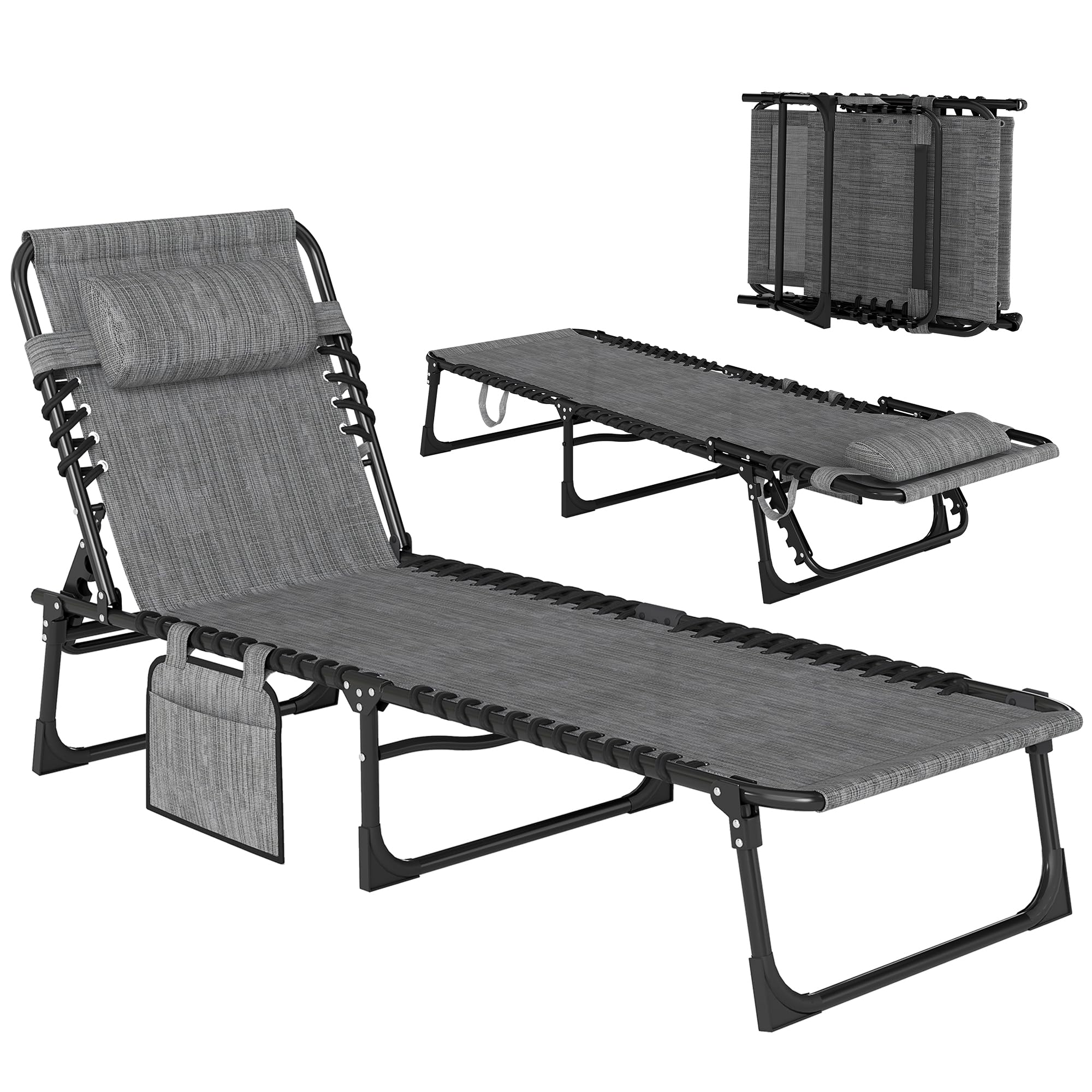 Outsunny Unisex Mid Grey Lounger Folding Reclining Camping Bed 5-Position Adjustable In