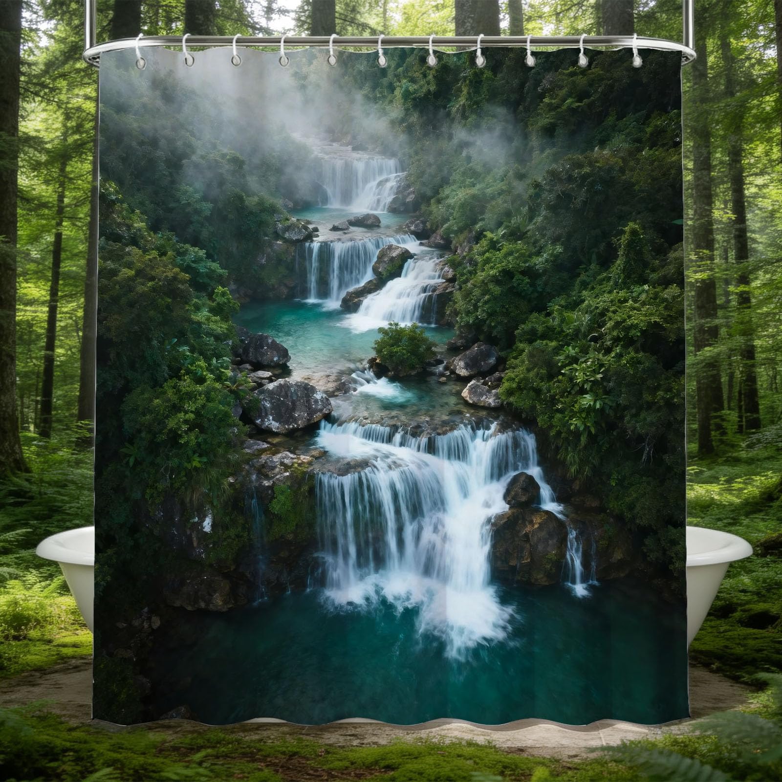 Hongduo 3D Waterfall Landscape Shower Curtain for Stalls Bathtubs Natural Scenery Bathroom Decor Shower Curtain Set Polyester Fabric Waterproof 200x200cm/79X79 Inch with Hooks