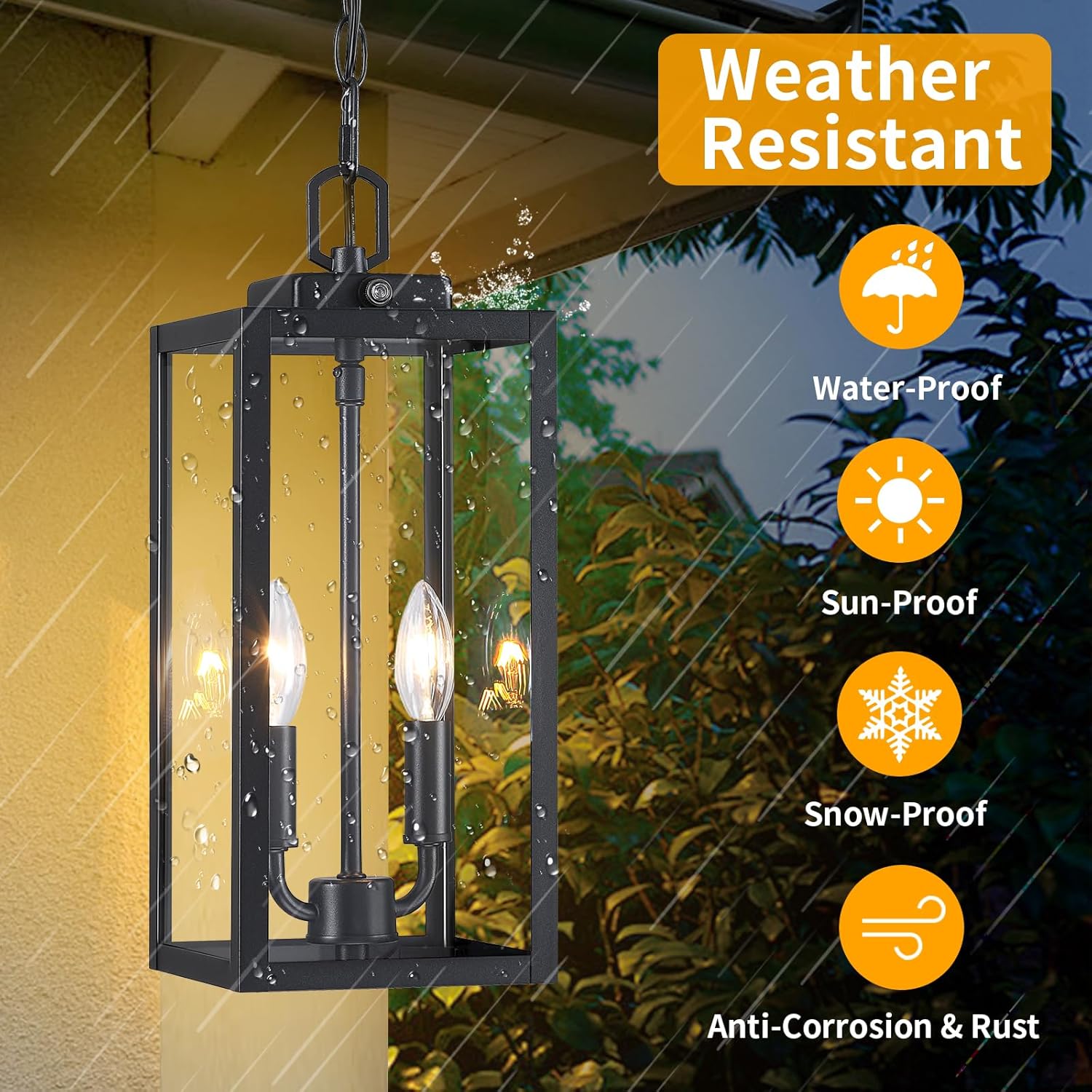 Large Outdoor Pendant Light 2-Light, 15'' Dusk to Dawn Modern Black Metal Outside Chandelier Exterior Hanging Fixture Ceiling Mount with Clear Glass for Front Porch Entrance Foyer Entryway, 1 Pack