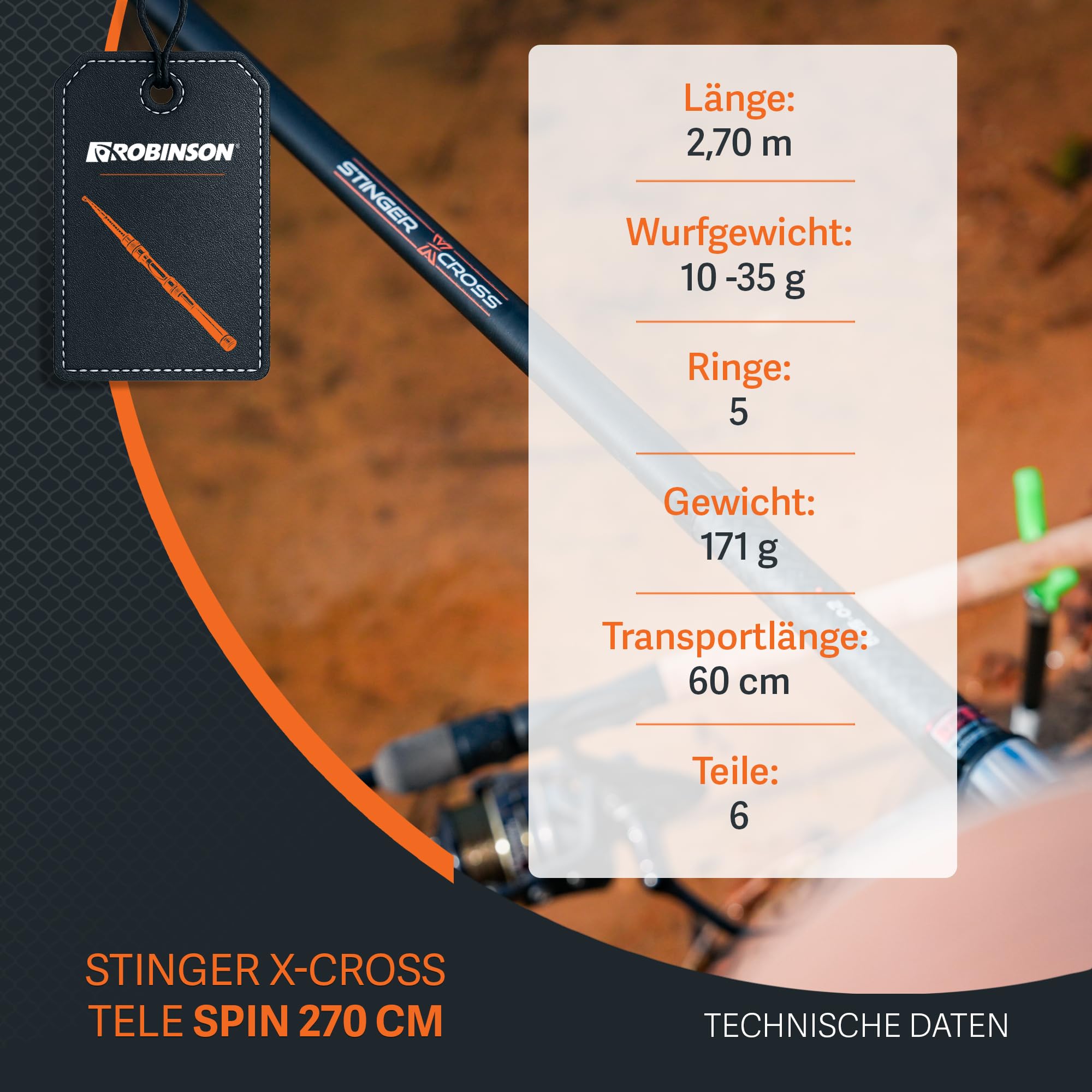 Robinson Angelrute - Teleskoprute Karbon - Kompaktes Transportmaß - Robuste Ringe - Rutschfester Rollenhalter - Leicht und widerstandsfähig - Stinger X-Cross Tele