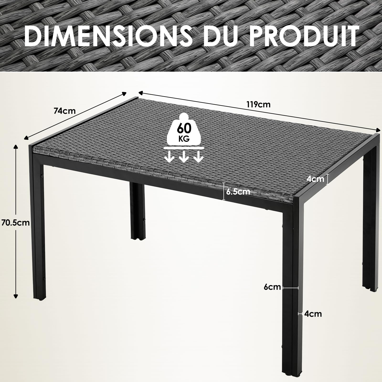 LIFERUN Tavolo da Giardino Rettangolare 4-6 Persone in PE Rattan e Metallo, 119x74 cm, Tavolo da Pranzo Esterno, Resistente alle Intemperie per Terrazza Balcone, Facile da Pulire,Grigio,4 PCS Gambe