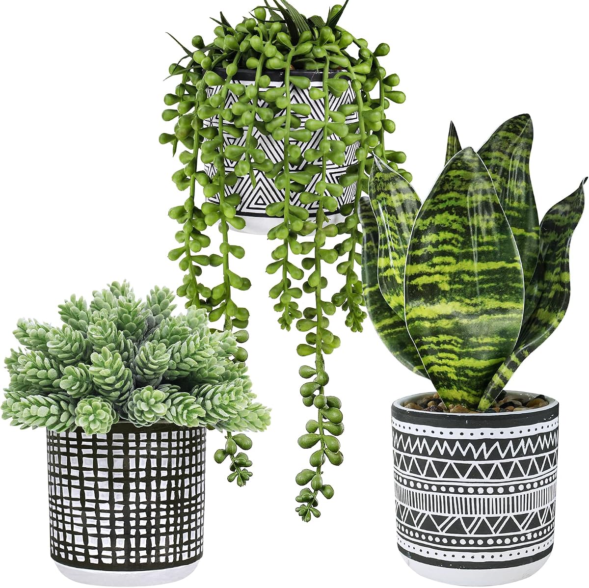 3 Pcs Small Potted Plants Artificial Succulents Hanging Plants and Faux Tropical Snake Plant in Black Geometric Pots for Modern Home Kitchen Windowsill Table Shelf Indoor Outdoor Greenery Decor