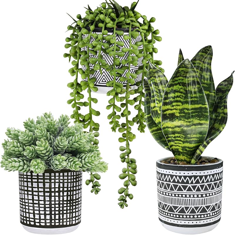 3 Pcs Small Potted Plants Artificial Succulents Hanging Plants and Faux Tropical Snake Plant in Black Geometric Pots for Modern Home Kitchen Windowsill Table Shelf Indoor Outdoor Greenery Decor
