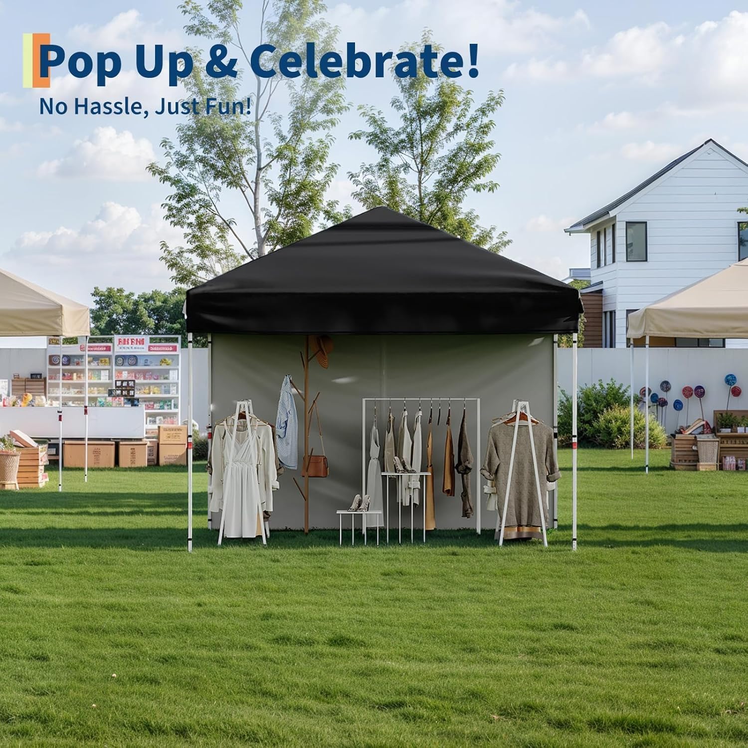 GarveeHome 10x10 Pop Up Canopy Tent Outdoor Canopy One-Person Set Up Heavy Duty Commercial Instant Tent Shelter, 3-Sidewall, Events, Parties, Camping, Black