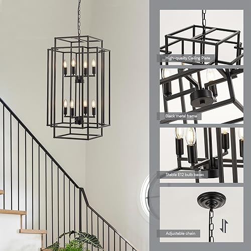 Miniatura 7 de Lámpara colgante de 8 luces, farol escalonado, de metal negro, para sala de estar, vestíbulo, vestíbulo, cocina, isla, comedor, sala de estar,