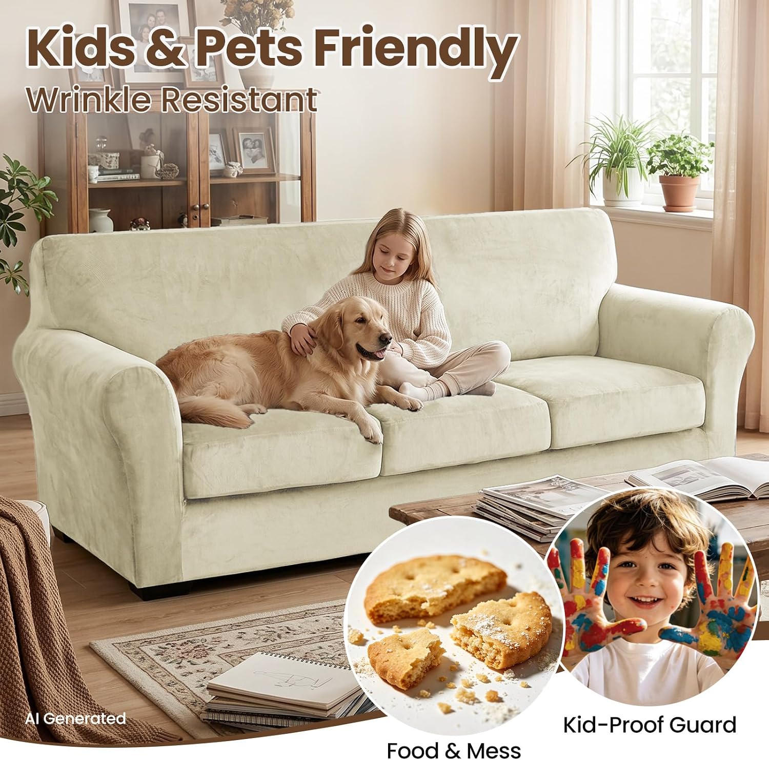 XINEAGE 2-Piece Velvet Armchair Sofa Cover, Couch Covers for Dog,Beige