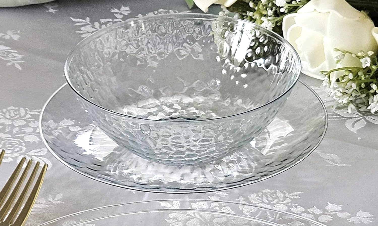 " OCCASIONS " 50 Plates Pack (25 Guests)-Heavyweight Wedding Party Disposable Plastic Plate Set -25 x 10'' Dinner + 25 x 7'' Salad/dessert plates (Coastal Plain Clear)