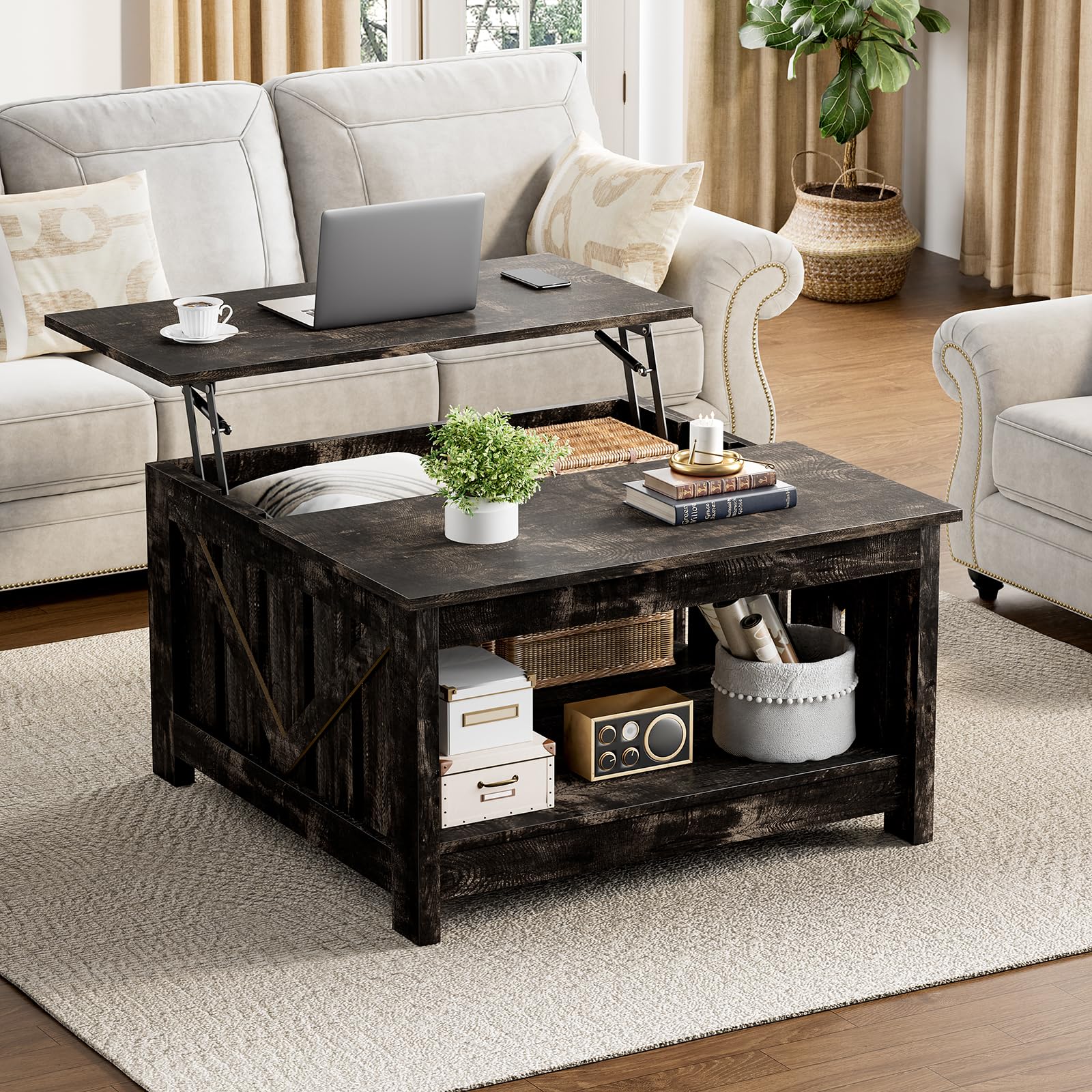 FABATO Lift Top Coffee Table, 31.5" Farmhouse Coffee Tables with Storage, Small Square Cocktail Tables, Wood Central Table for Living Room, Meeting