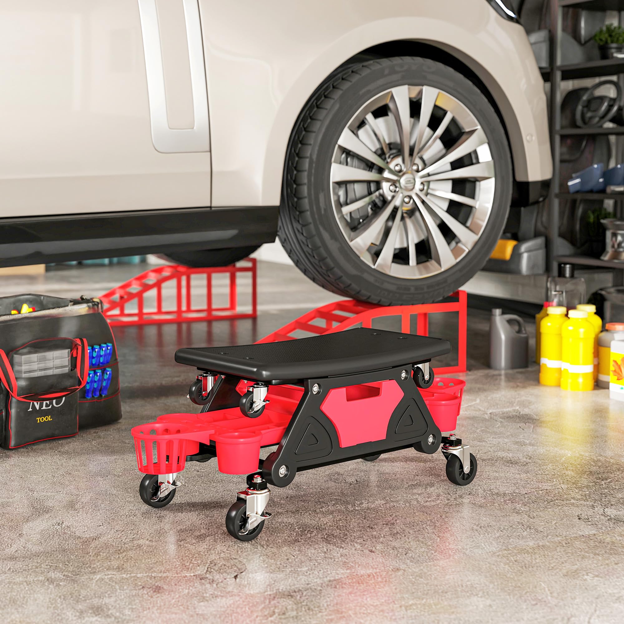 HOMCOM Taburete de Taller Giratorio con Ruedas Altura Ajustable Asiento Taburete para Mecánico con 2 Bandejas para Herramientas Portavasos Cajón Carga 135 kg para Garaje Reparación de Automóviles Rojo