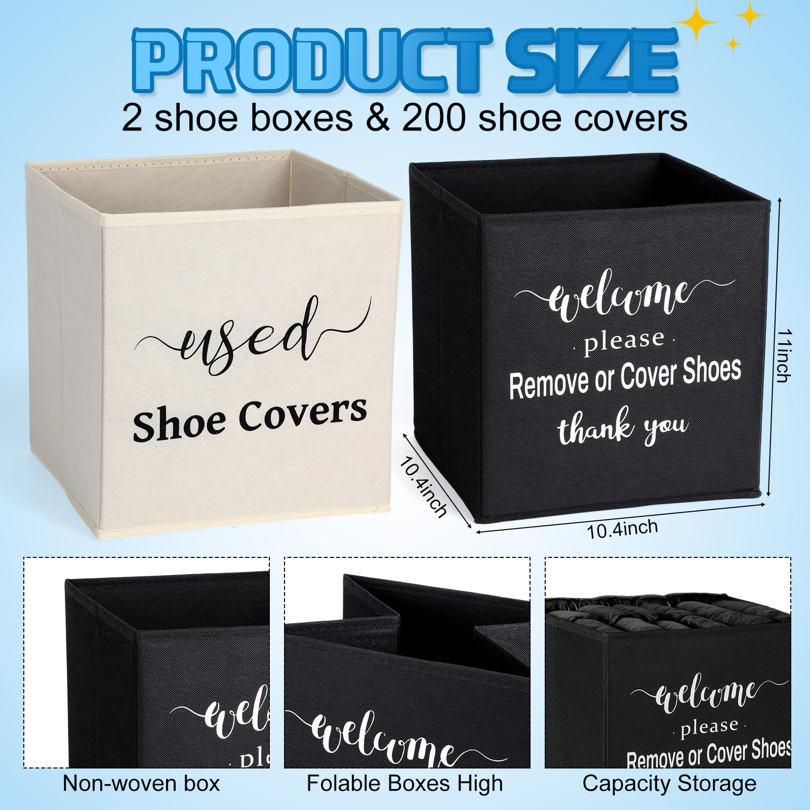 200 copriscarpe usa e getta con 2 scatole dispenser pieghevoli, impermeabili, antiscivolo, per gli ospiti, per interni e esterni, 26 x 26 x 27 cm (nero)