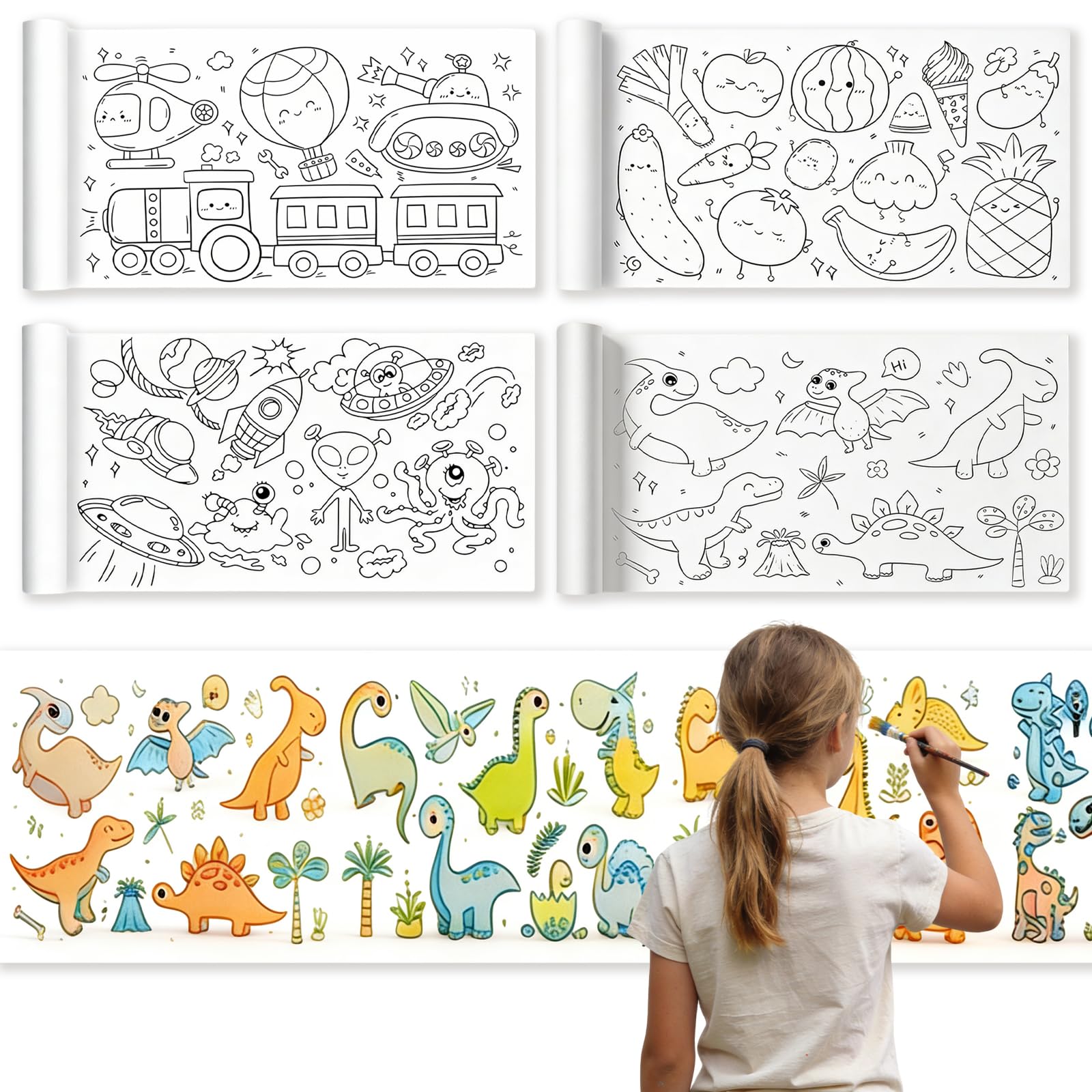 4 Pcs Colouring Drawing Paper Roll for Kids, 3m x 30cm Children's Drawing Roll, Coloring Paper Rolls DIY Painting Color Filling Papers for Kids(Space Dinosaur Transport Food)