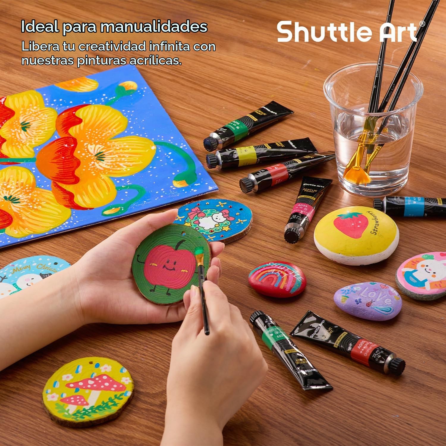 Shuttle Art 82 Pack Kit Pinturas Acrilicas 66 Tubos (22ml), Acrílico en Colores Ricos con 10 Pinceles, No Tóxicos, Ideales Pintura para Tela, Lienzo, Madera, Arcilla, Cerámica para Adultos y Niños