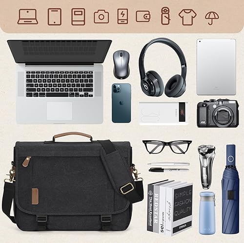 Miniatura 7 de RAINSMORE Bolsa tipo mensajero para hombre de 17 a 17.3 pulgadas, bolsa de lona resistente al agua, bolsa de hombro para computadora, oficina,