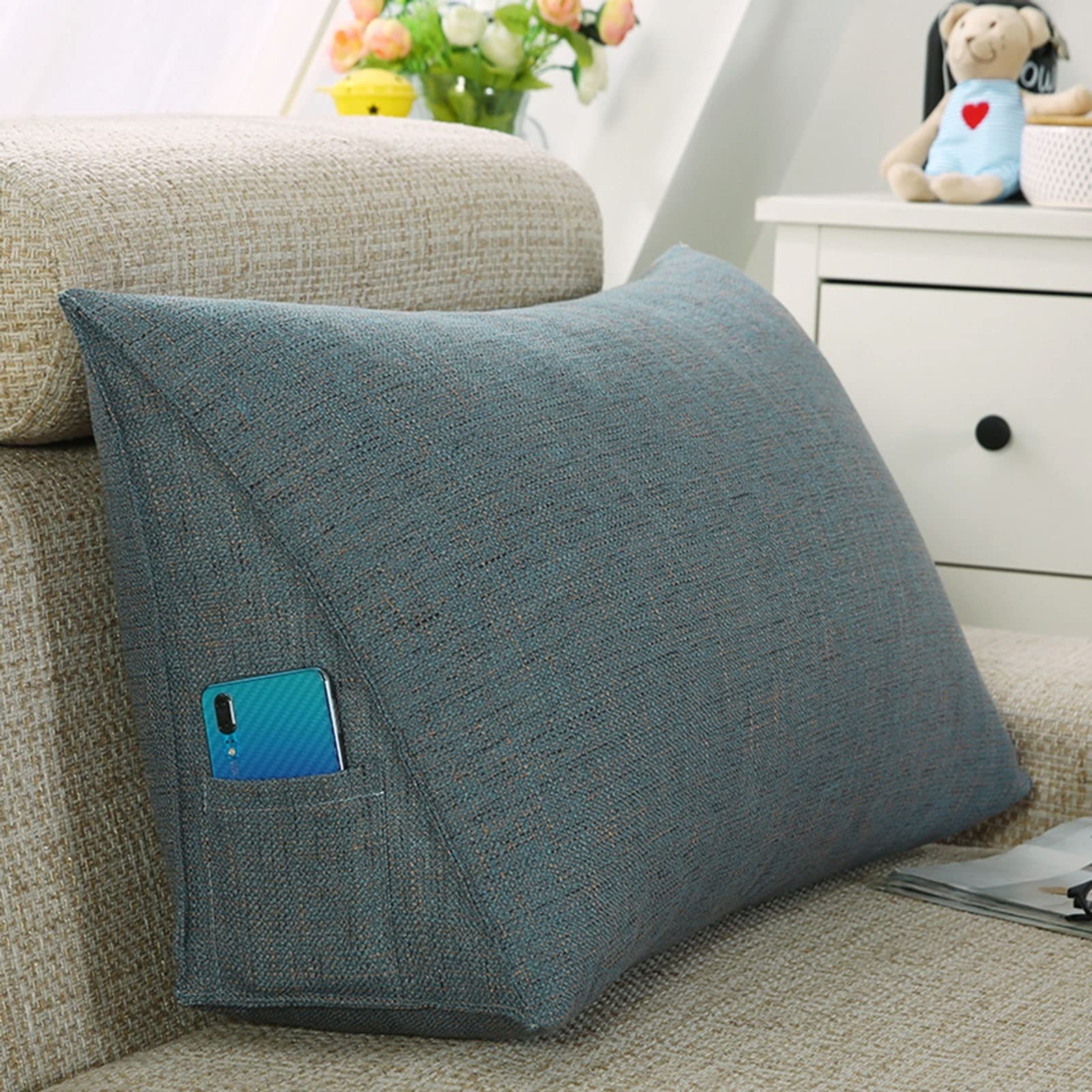 Lesekissen Rückenkissen mit Seitentaschen, Großes Keilkissen, Gewaschenes Leinen Dreieckige Kissen zum Entspannend Sitzung Spielen Lektüre Bettsitzkissen (Color : Blue, Size : 70x35x20cm)