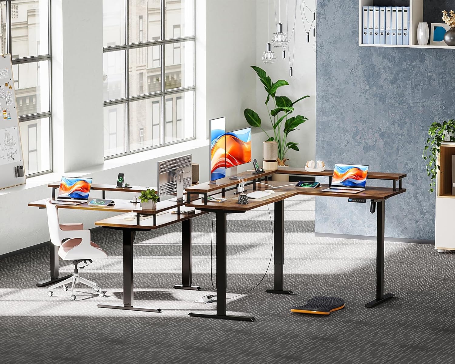 Components of the ODK L-Shaped Electric Standing Desk frame laid out for assembly.