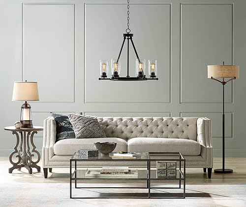 Miniatura 9 de Franklin Iron Works Hugh - Lámpara de mesa industrial rústica de 26 pulgadas de alto con luz nocturna LED, vidrio sembrado de metal, pantalla de