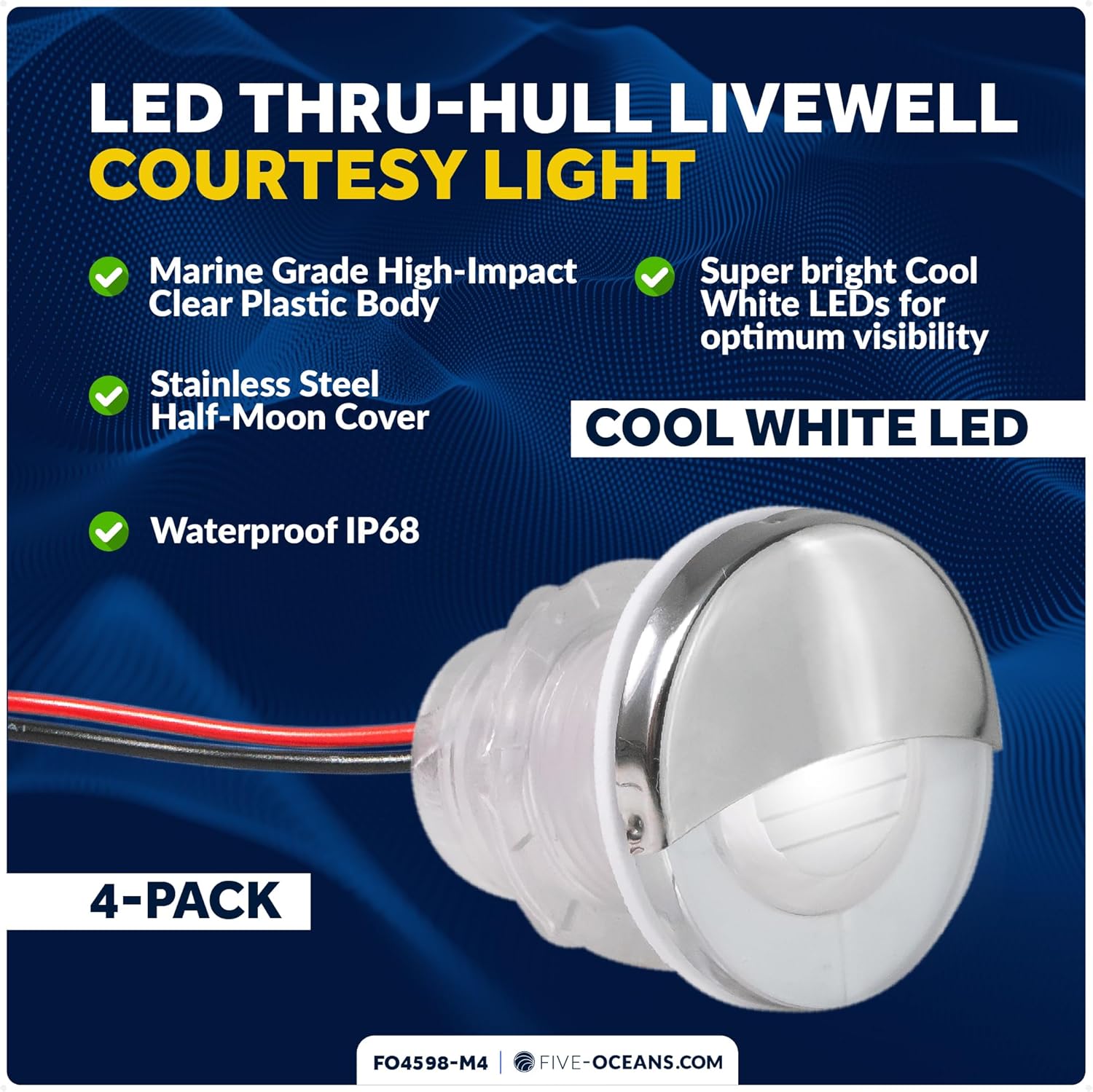 Five Oceans 4-Pack LED Boat Courtesy Lights, 1-5/16-Inch 316 Stainless Steel Half Cover, IP68 Waterproof, Cool White, 12V, Thru-Hull Mount for Livewell & Underwater Light on Boats - FO4598-M4