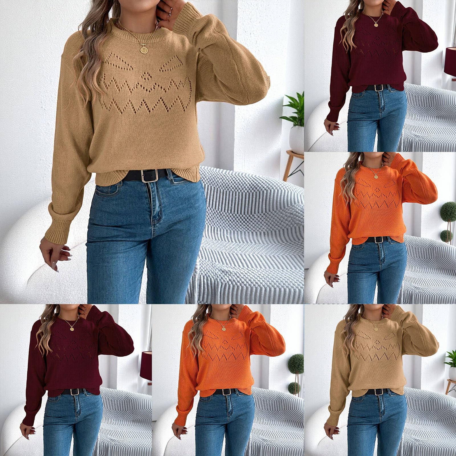 Maglione da donna a maglia girocollo a maniche lunghe, per Halloween, elegante, a righe, invernale, elasticizzato, lavorato all'uncinetto