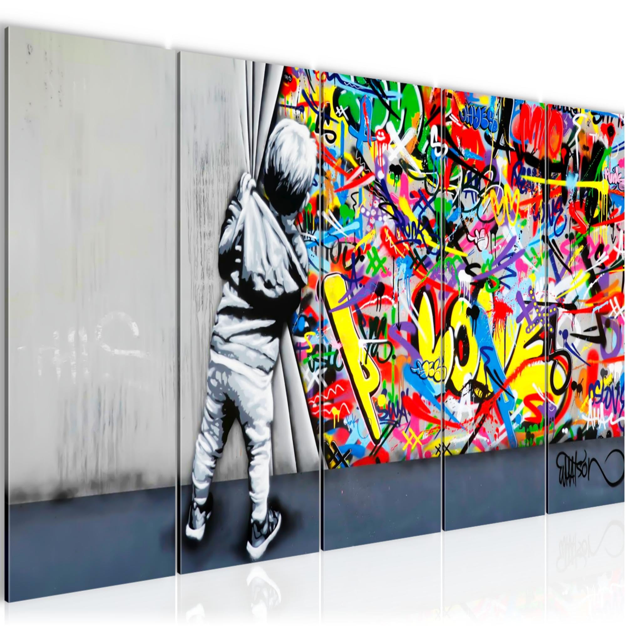 Runa Art Tableau Decoration Murale - XXL 200 x 80 Cm - Behind the Curtain Graffiti - 5 Parties - Street Art - 043555a