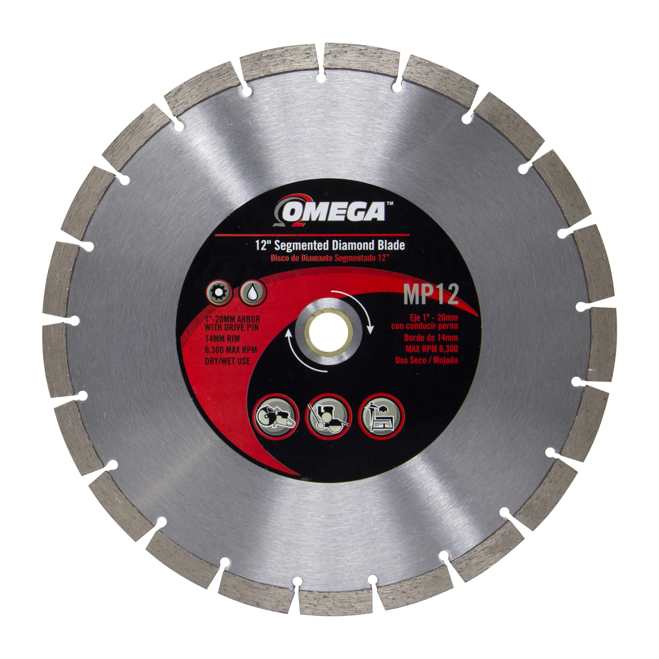 Omega 12-Inch General Purpose Segmented Diamond Blade, Wet/Dry Use, 14mm Segment Height, for Block, Brick, Concrete, Pavers, Stone and Roof Tile