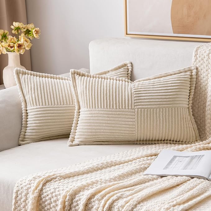 MIULEE Cream Corduroy Pillow Covers with Splicing Set of 2 Super Soft Couch Pillow Covers Broadside Striped Decorative Textured Throw Pillows for Spring Cushion Bed Livingroom 12x20 inch