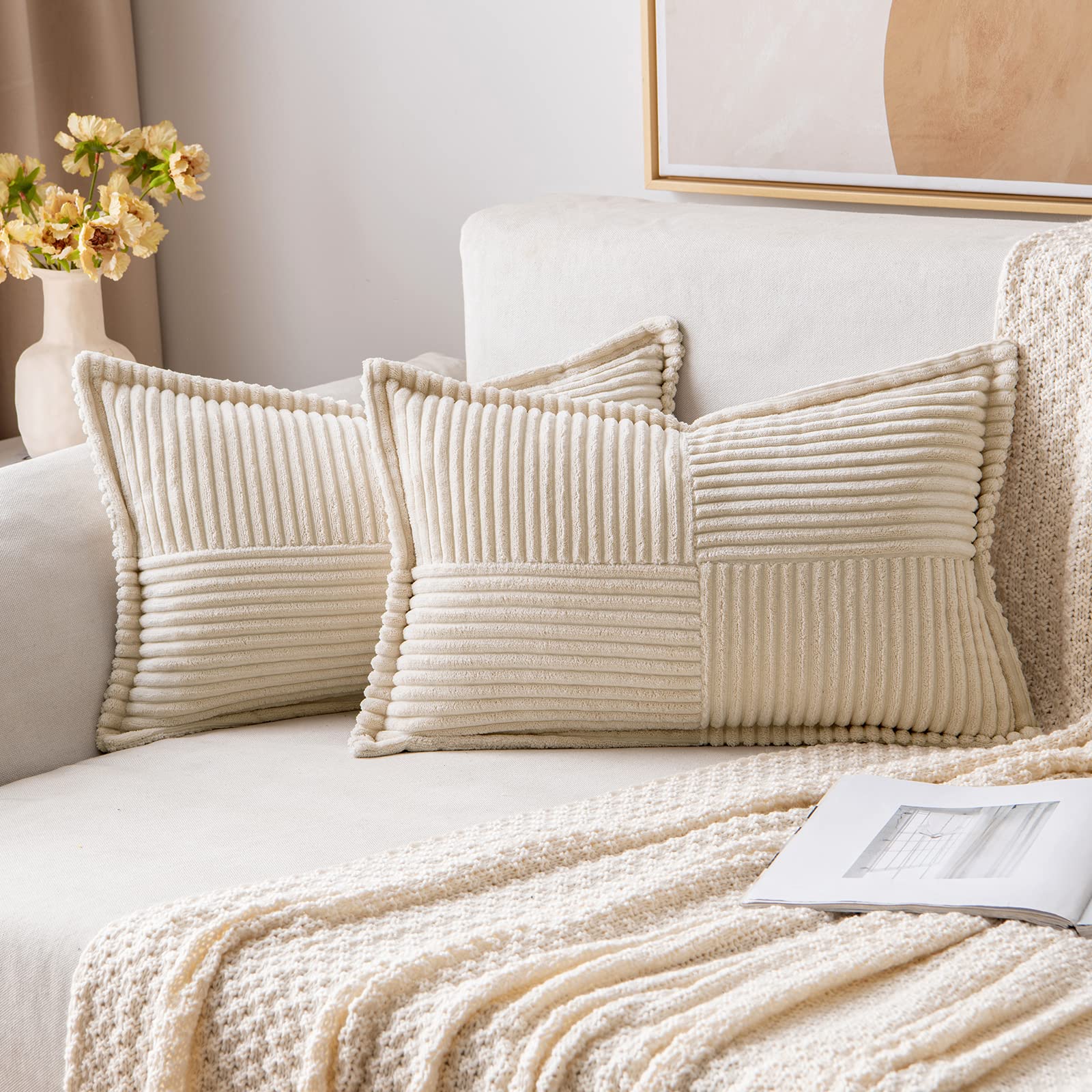 MIULEE Funda de Cojines para Sofá 30x50 cm Funda de Almohada de Corduroy Súper Suave Cojin de Pana a Rayas Decoración Moderna para Sofá Silla Cama Sala de Estar Dormitorio 2 Piezas Creme