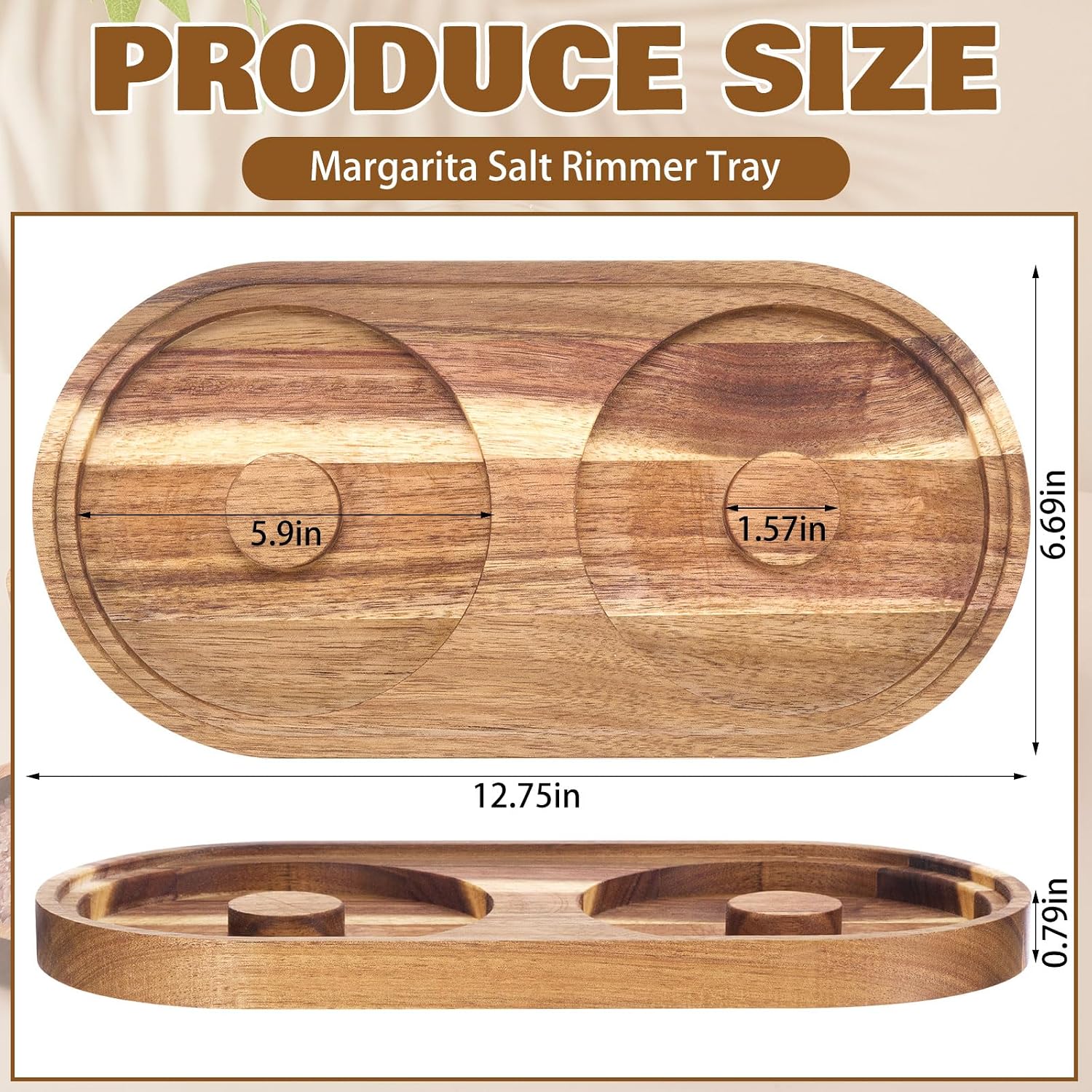 Ziliny Margarita Salt Rimmer, Acacia Wood 12.6" Dual Compartment Tray
