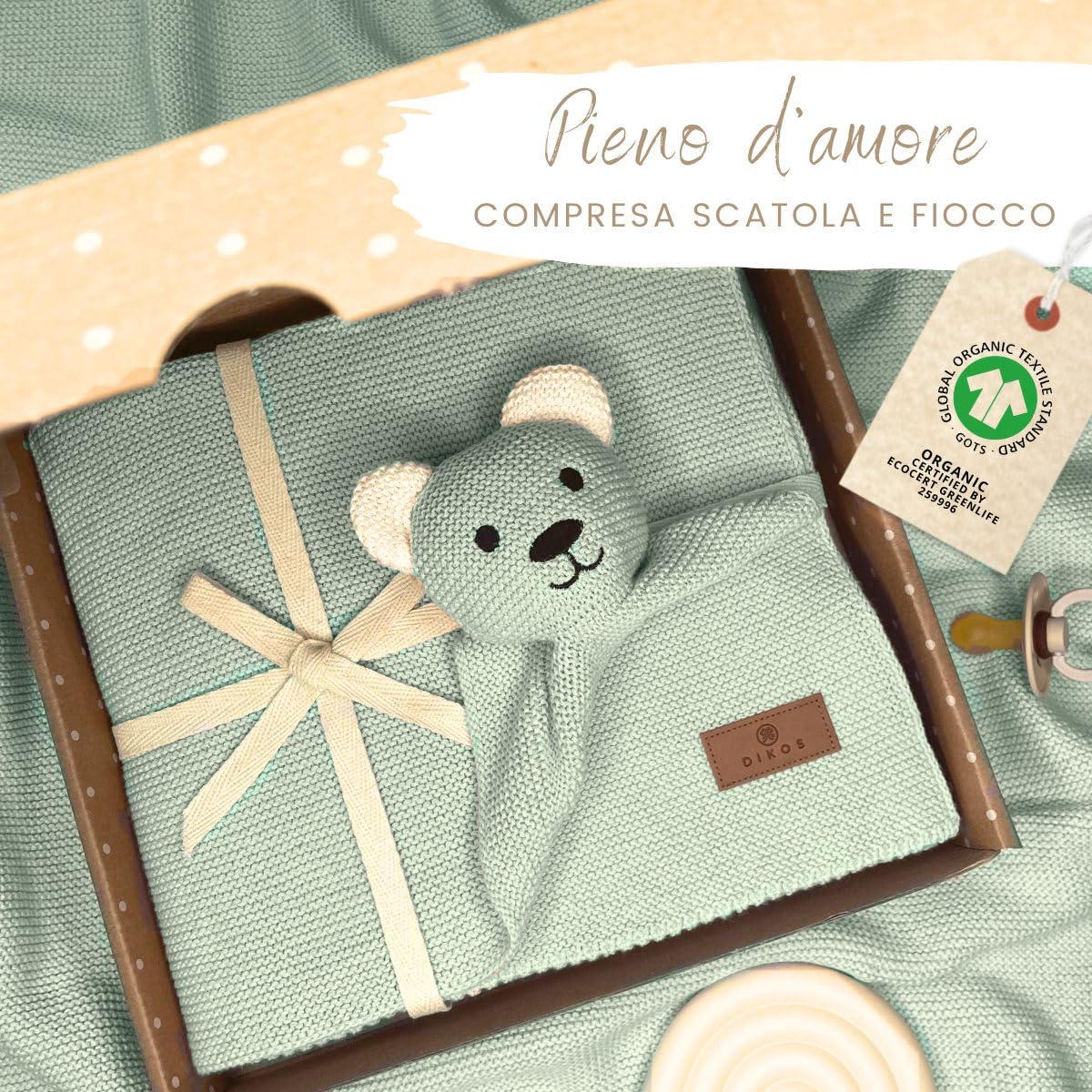 DIKOS® Coperta originale per neonati, in cotone biologico, 100% GOTS, coperta con peluche a maglia, coperta per neonati