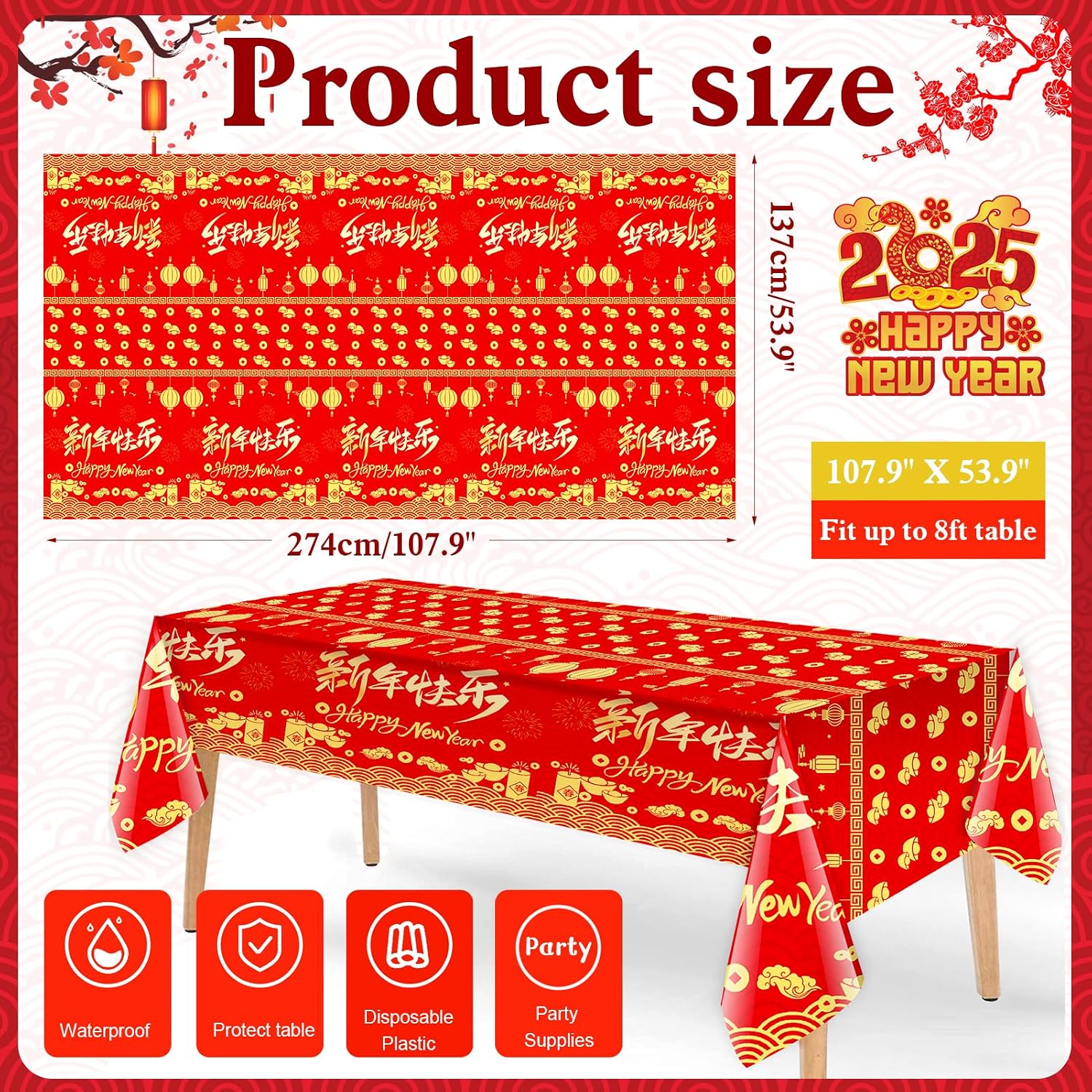 HOWAF 3pcs Chinese New Year Tablecover, Lunar New Year Decoration Rectangle Disposable Waterproof Table Cover for New Years 2026 Year of The Horse Tablecloth,107.9’’x53.9’’