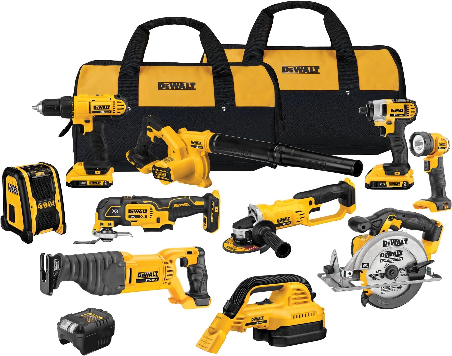 DEWALT 10-Tool 20V MAX Cordless Power Tool Combo Kit, Drill, Impact Driver, Circular & Recip Saw, Grinder, Blower, Multi-Tool, Vacuum, Light, Speaker, 2 Batteries, Charger, Bags (DCK1020D2)