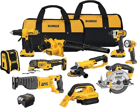 DEWALT 10-Tool 20V MAX Cordless Power Tool Combo Kit, Drill, Impact Driver, Circular & Recip Saw, Grinder, Blower, Multi-Tool, Vacuum, Light, Speaker, 2 Batteries, Charger, Bags (DCK1020D2)