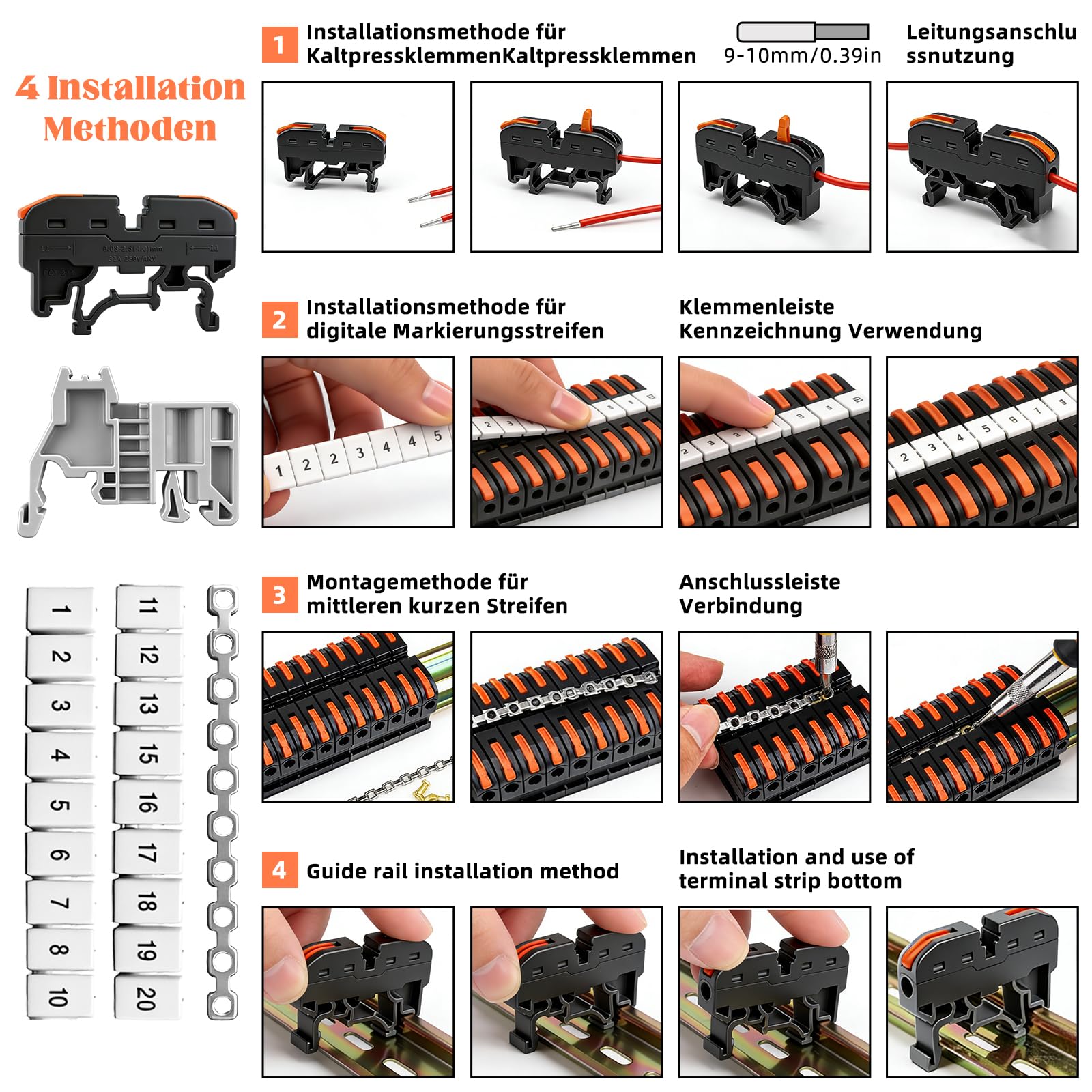Bornes en série Rail DIN 60 pièces - bornes de connexion | borne de passage Rail DIN 0,08–4 mm² PCT-211 | bornes à vis enfichables kit | bornes électriques pour un câblage rapide